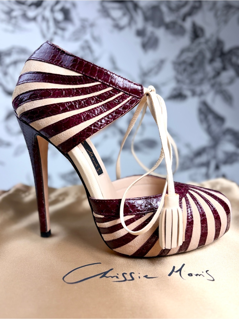Chrissie Morris “Marisa” Beige Suede & Bordeaux Leather 120mm Heels, Sz 36/6